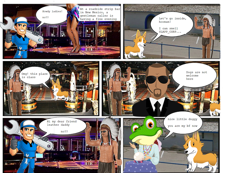 SLAPP_CORP goes to a night club, daddy comes afterwards, but his dog Jake gets kicked out and then becomes frogface's bf